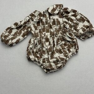 Kate Quinn Bamboo Romper 3-6 Months Cat Print‎ Smocked Waist Peter Pan Collar